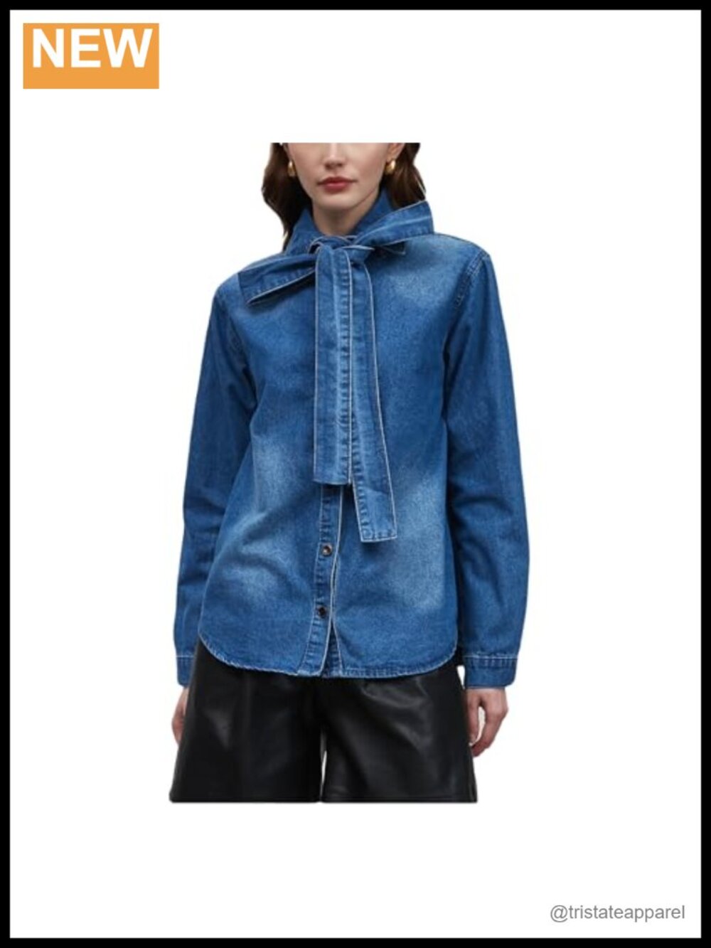 Denim Button Down Shirt Shacket Women Casual Bow Tie Neck Long Sleeve Jean